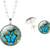 Butterfly Art Picture Glass Pendant Necklace Jewelry Set