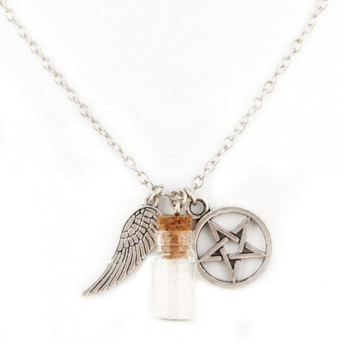 Pentagram and Salt Bottle Pendant necklace angel wing